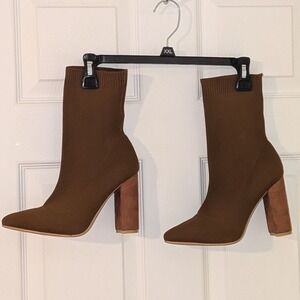 CUCOO Brown Sock Booties Pointed Toe Block Heel Ankle Boots Women's Size 8 NEW